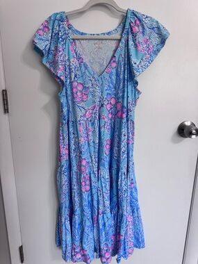 Lilly Pulitzer Blue Midi Dress with Pink Floral Print